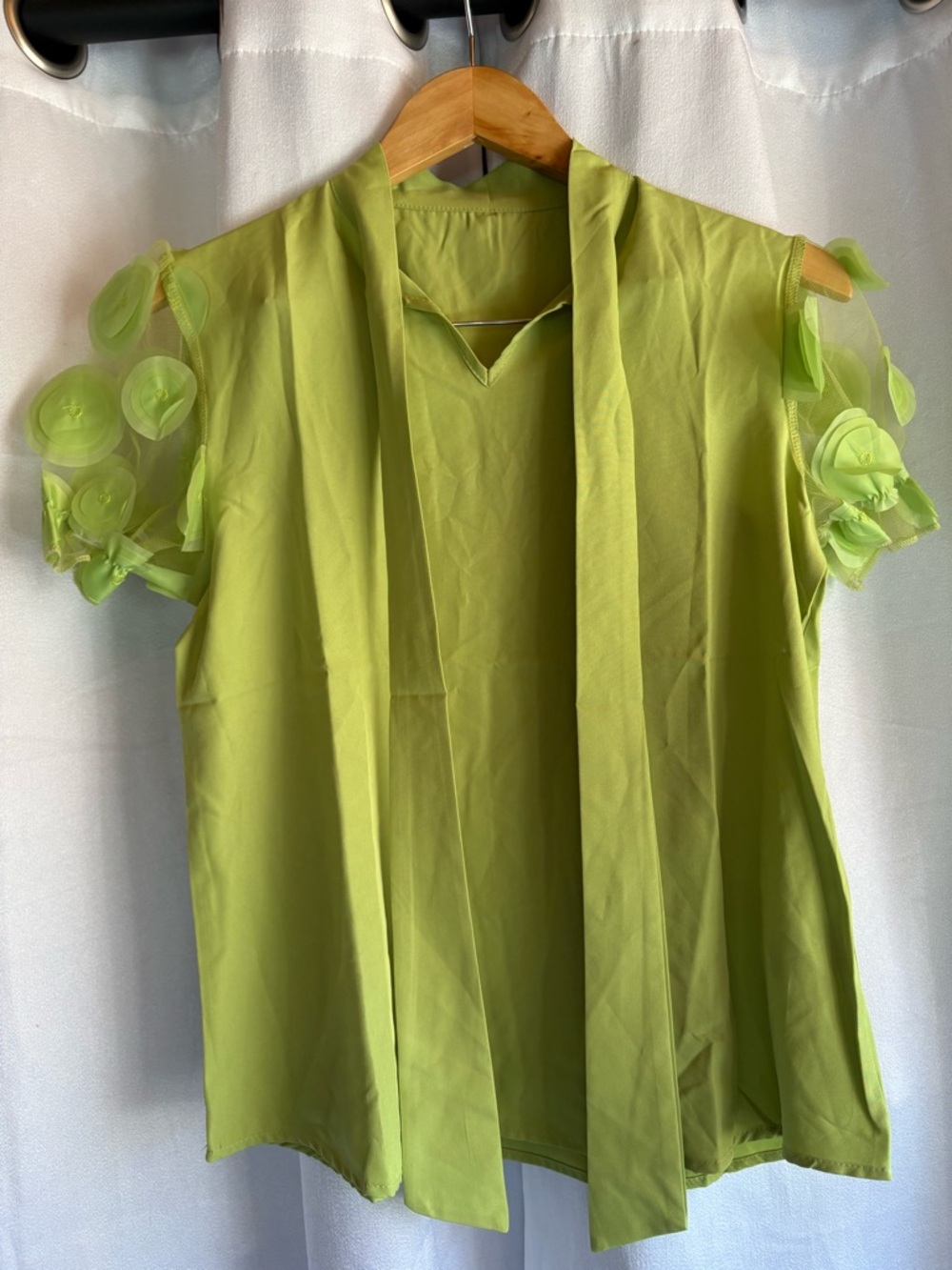 3 for $10 • Lime Green Tie-Neck Blouse with Floral Sleeve Detail